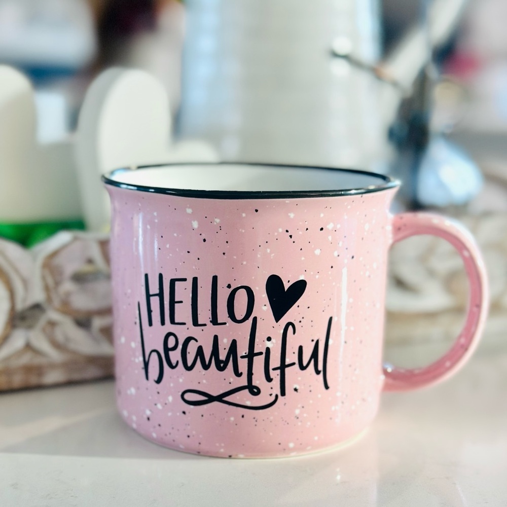 Hello Beautiful Coffee Campfire Mug Pink Valentines Love Heart
